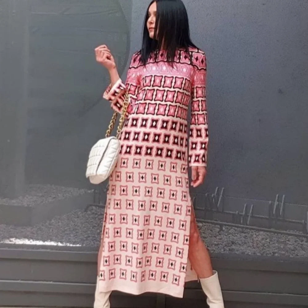 ZARA GEOMETRIC PRINTED MIDI DRESS PINK Small